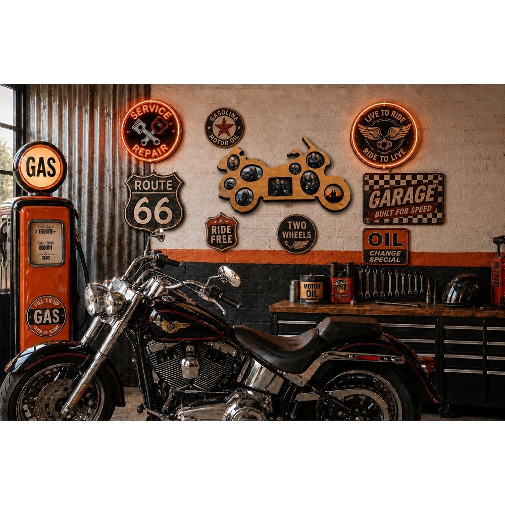 Motorcycle Collage Picture Frame Biker Decor Faux Wood Photo Display Man Cave